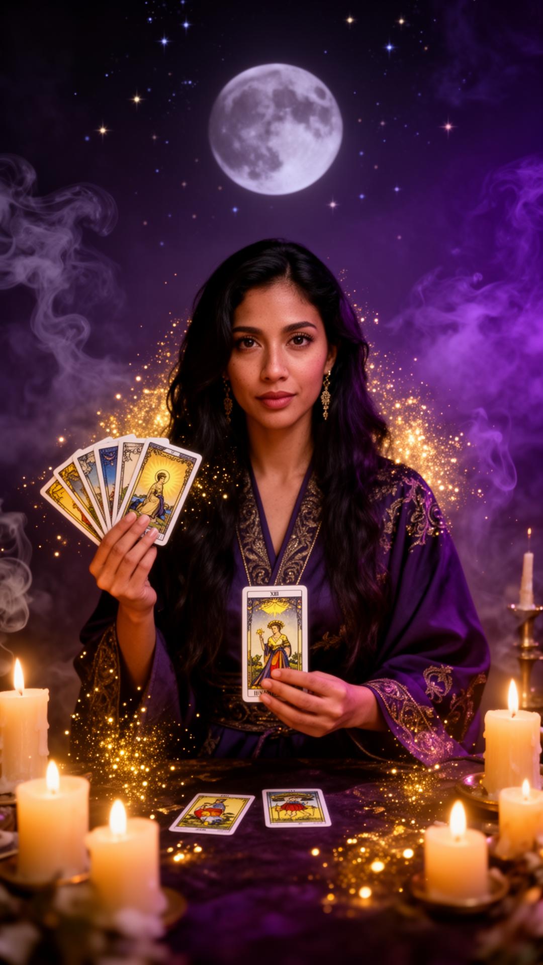 Megumi, taróloga, segurando cartas iluminadas por velas