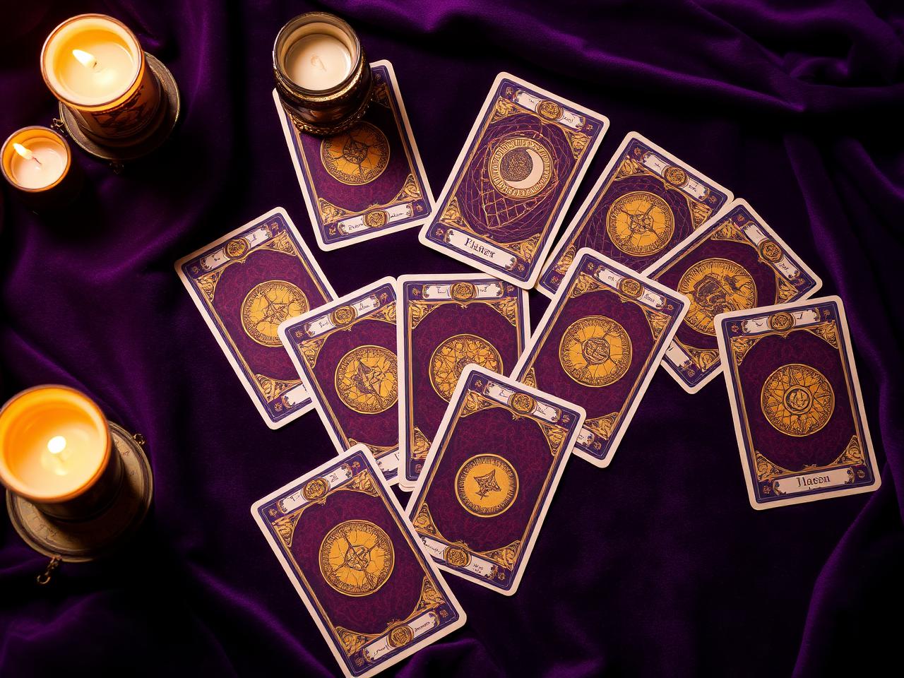 Cartas de tarô espalhadas sobre veludo roxo